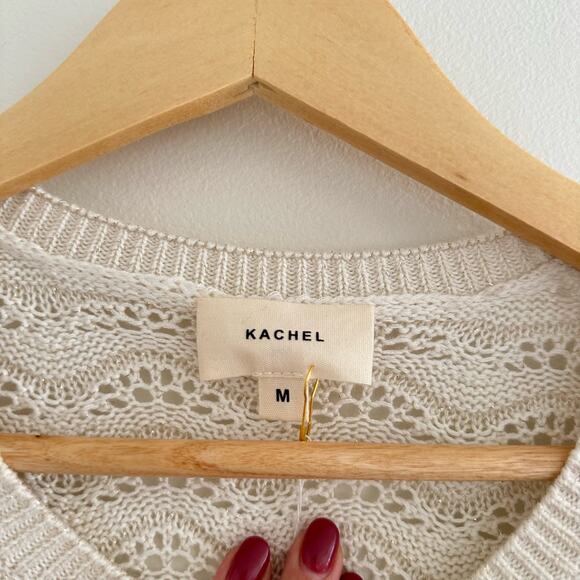 Anthropologie Kachel Shimmer Crochet Sweater Tee Cream M - Picture 9 of 11